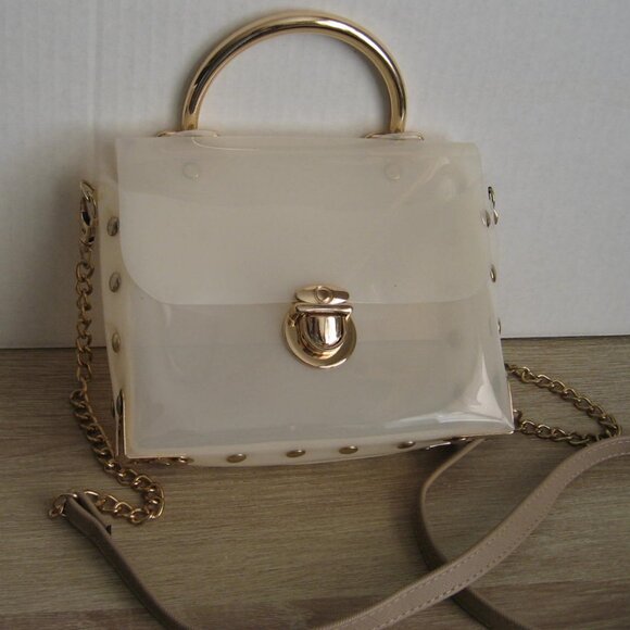 Trunk Style PVC Studded Stadium Crossbody Bag, Gold Cream - Picture 2 of 8
